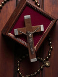Croix catholique ancienne bois et métal, crucifix vintage déco rétro religieux