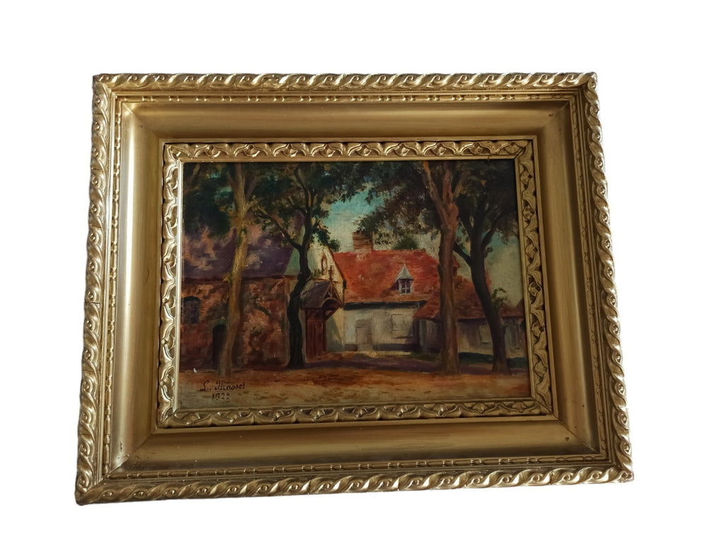 Peinture ancienne Laure Masset 1922 maison campagne cadre doré paysage