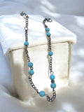 Collier vintage rétro chaîne métal perles bleu turquoise, bijou fantaisie femme