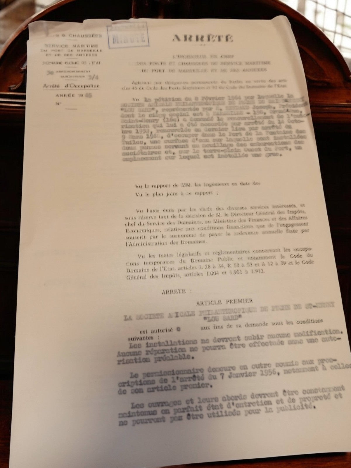 Document administratif ancien arrêté préfectoral Marseille années 50 vintage