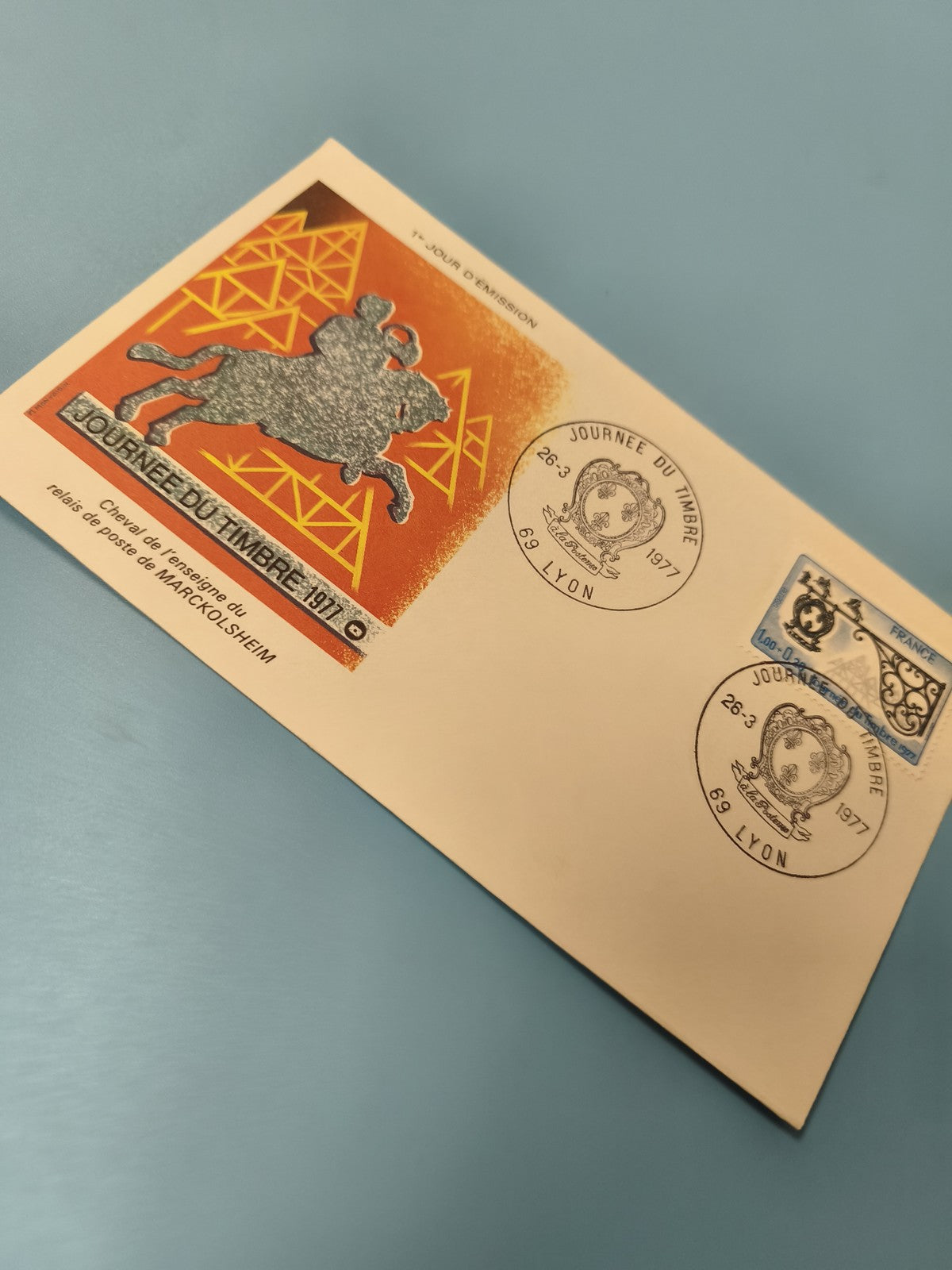 Enveloppe FDC Journée du Timbre 1977 Lyon, timbre Cheval, cachet premier jour