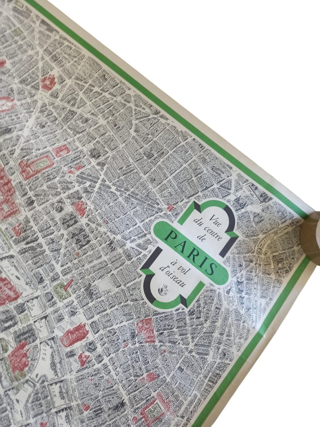 Carte ancienne Paris centre à vol d’oiseau plan vintage déco – livraison pliée