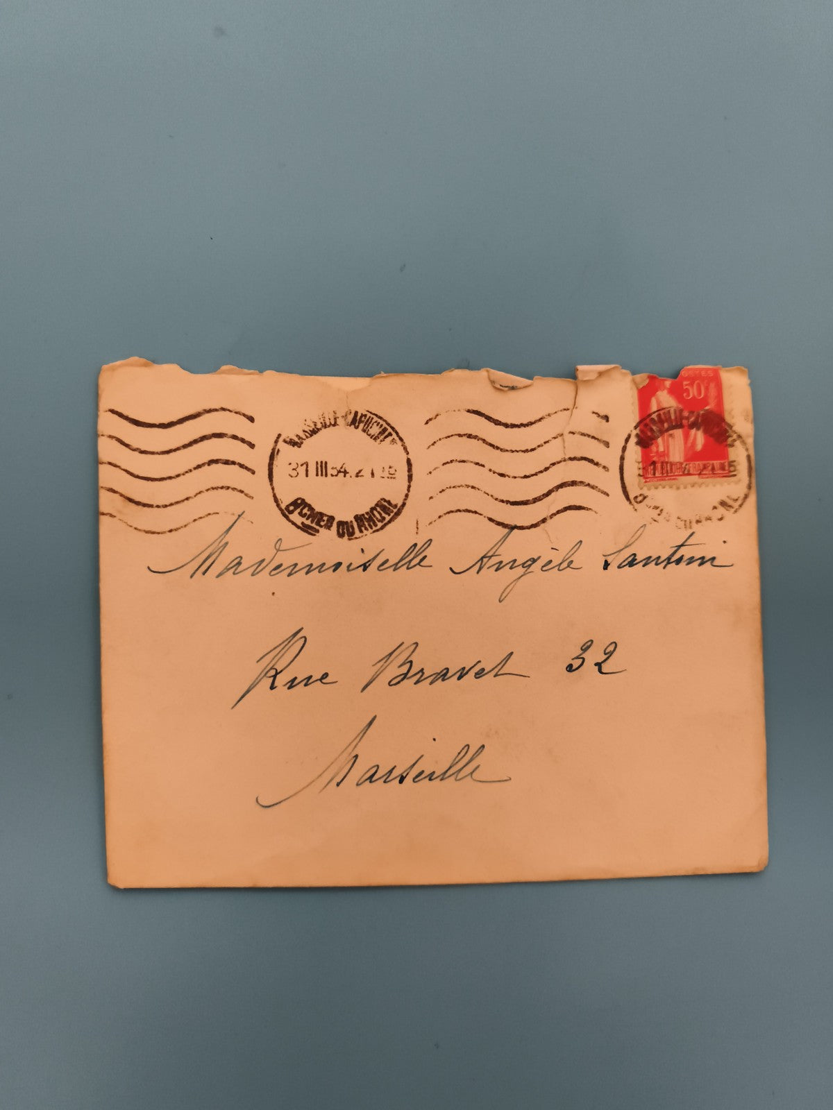 Lettre ancienne oblitérée 1954 timbre 50c Marianne Marseille philatélie (Ref 3)