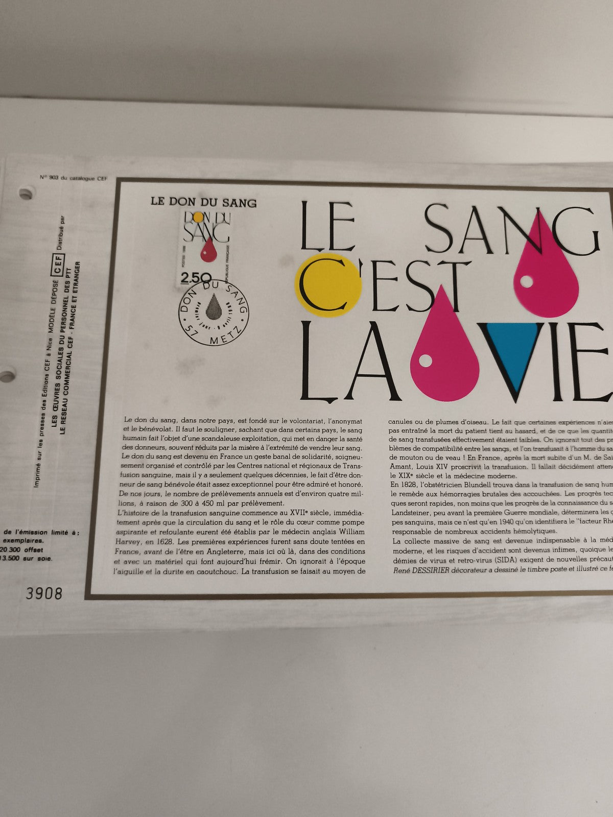 Feuillet philatélique CEF Le Don du Sang Metz 1984 timbre 2,50 F illustré