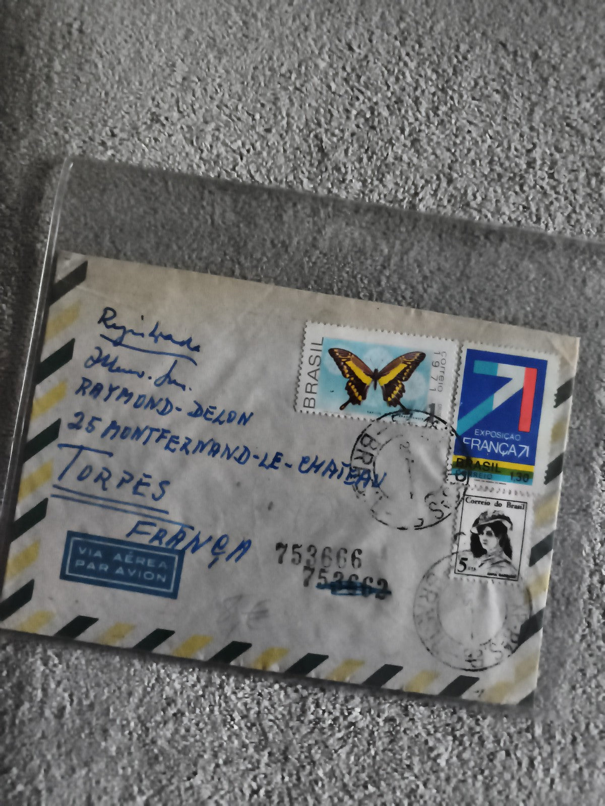 Lettre aérienne Brésil France affranchie papillon Expo França71 philatélie (Ref