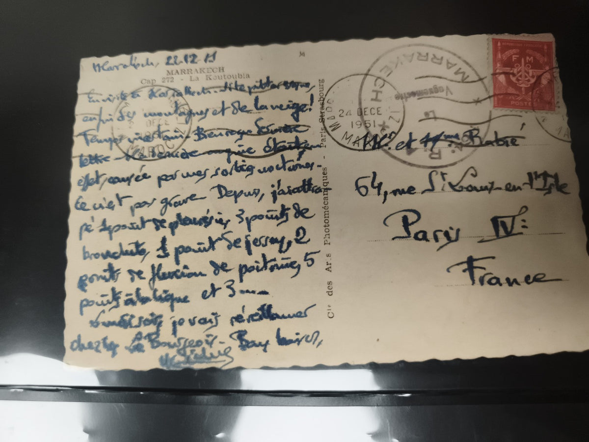 Carte postale écrite 1951 Marrakech timbre FM rouge oblitérée France philatélie