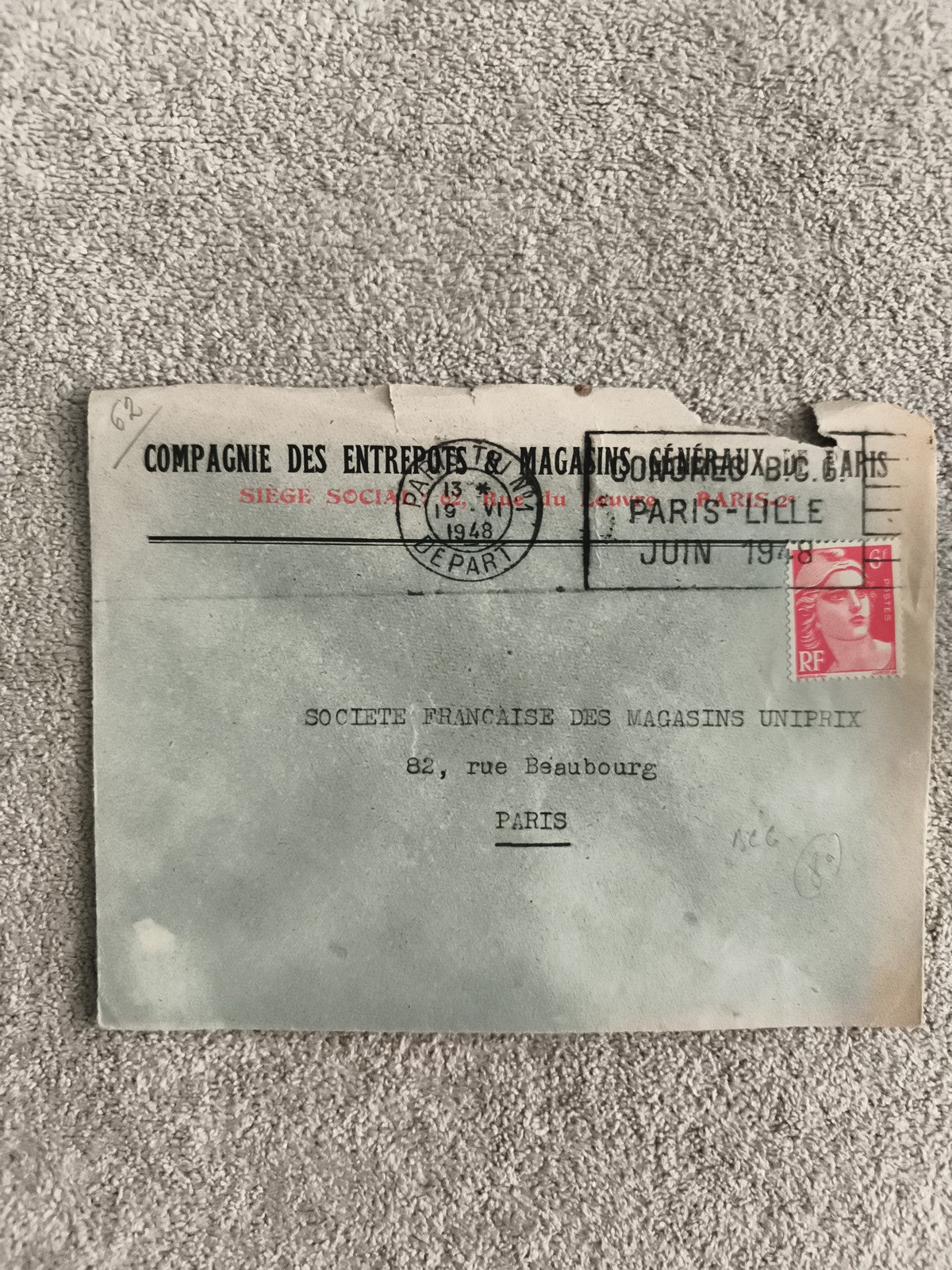 Lettre ancienne 1948 Compagnie Entrepôts Paris timbre Marianne philatélie
