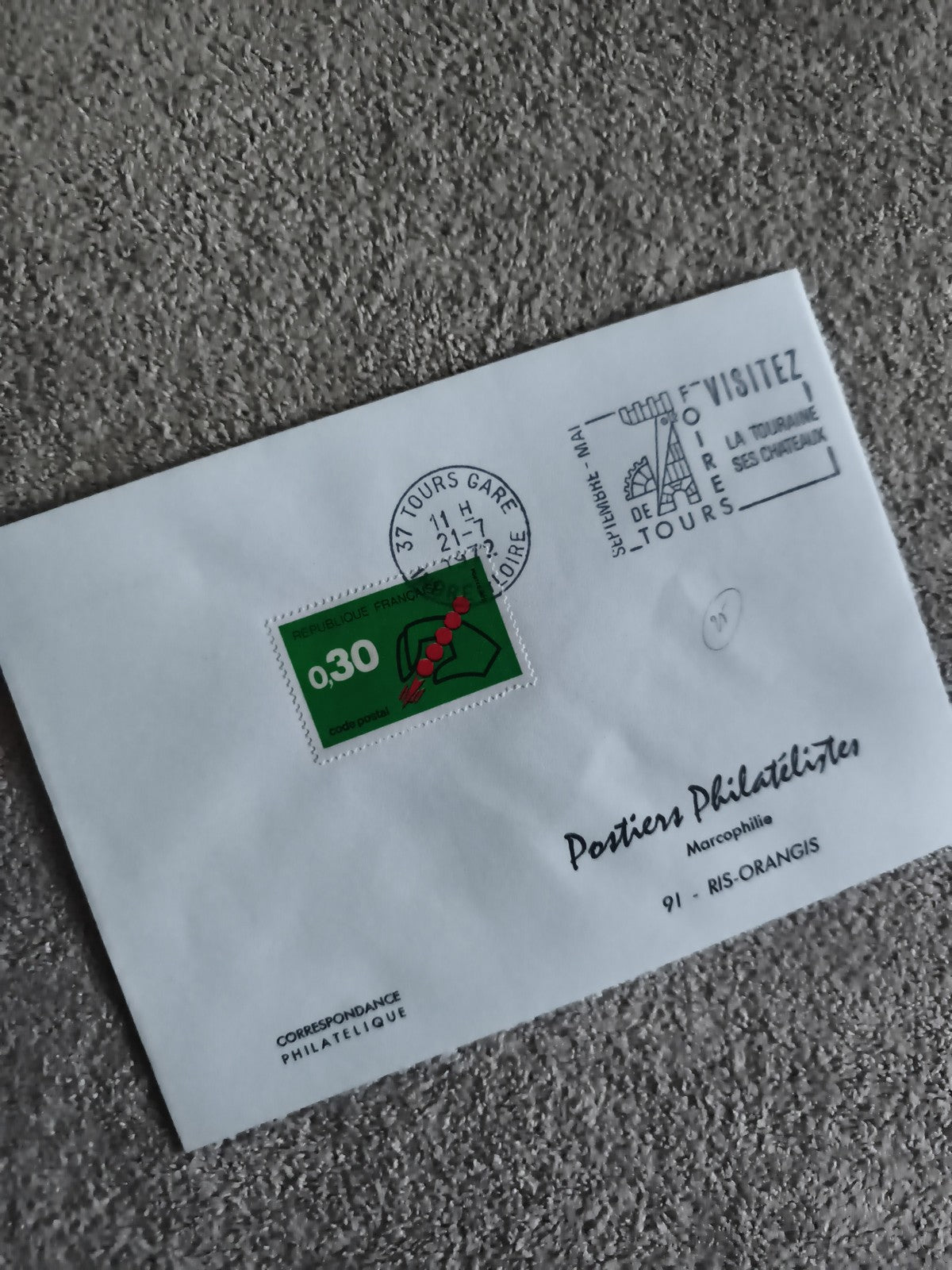 Lettre premier jour Tours 1977 timbre 0,30 vert code postal Marcophilie Philatél