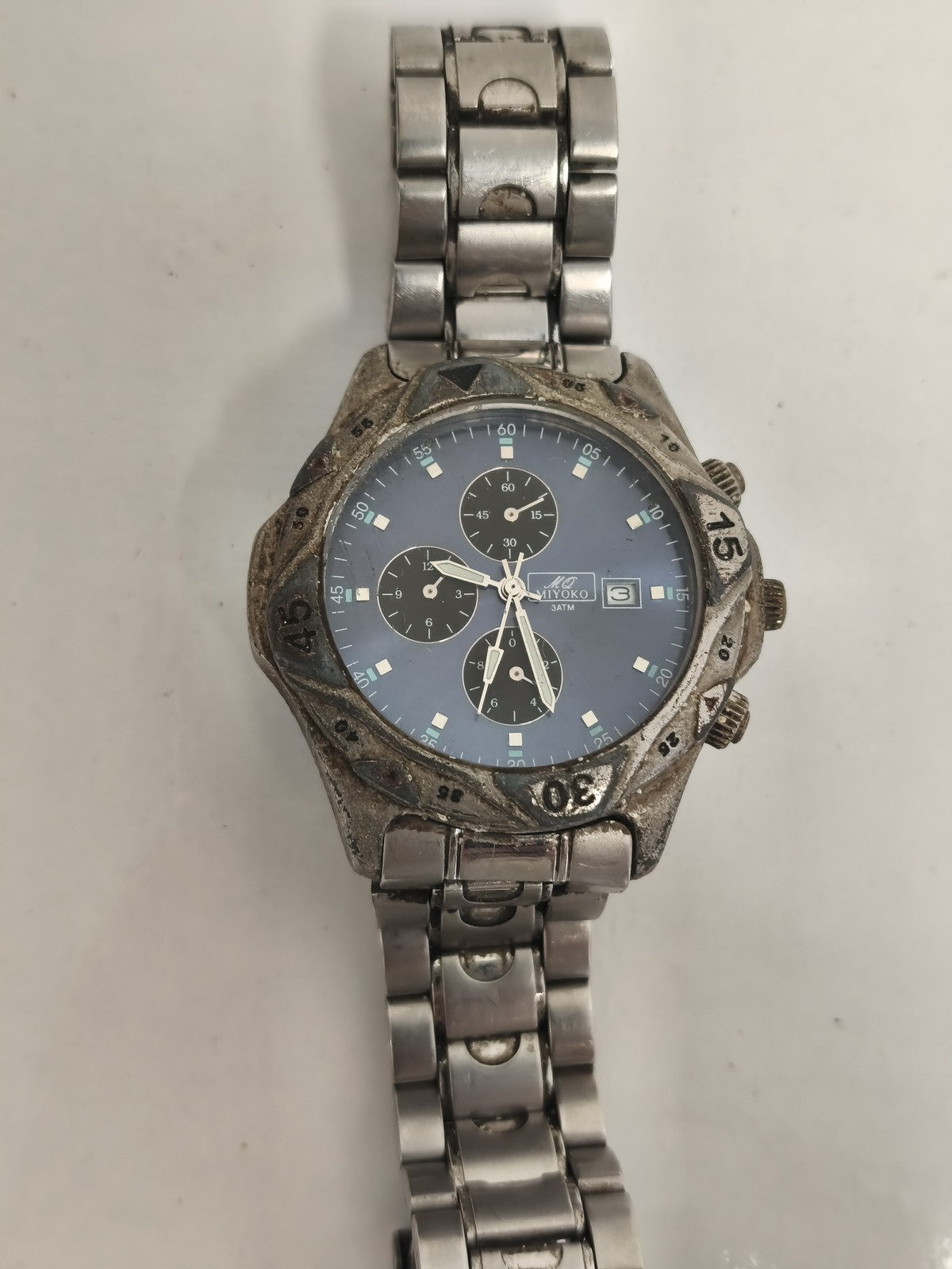 Montre chronographe Miyoko vintage à quartz, cadran bleu, métal, non testée