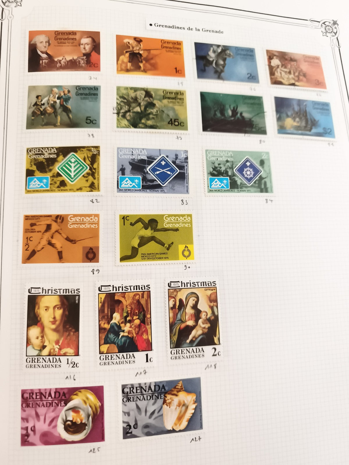 Timbres anciens Grenadines Grenade Grenada thématiques sport art Noël