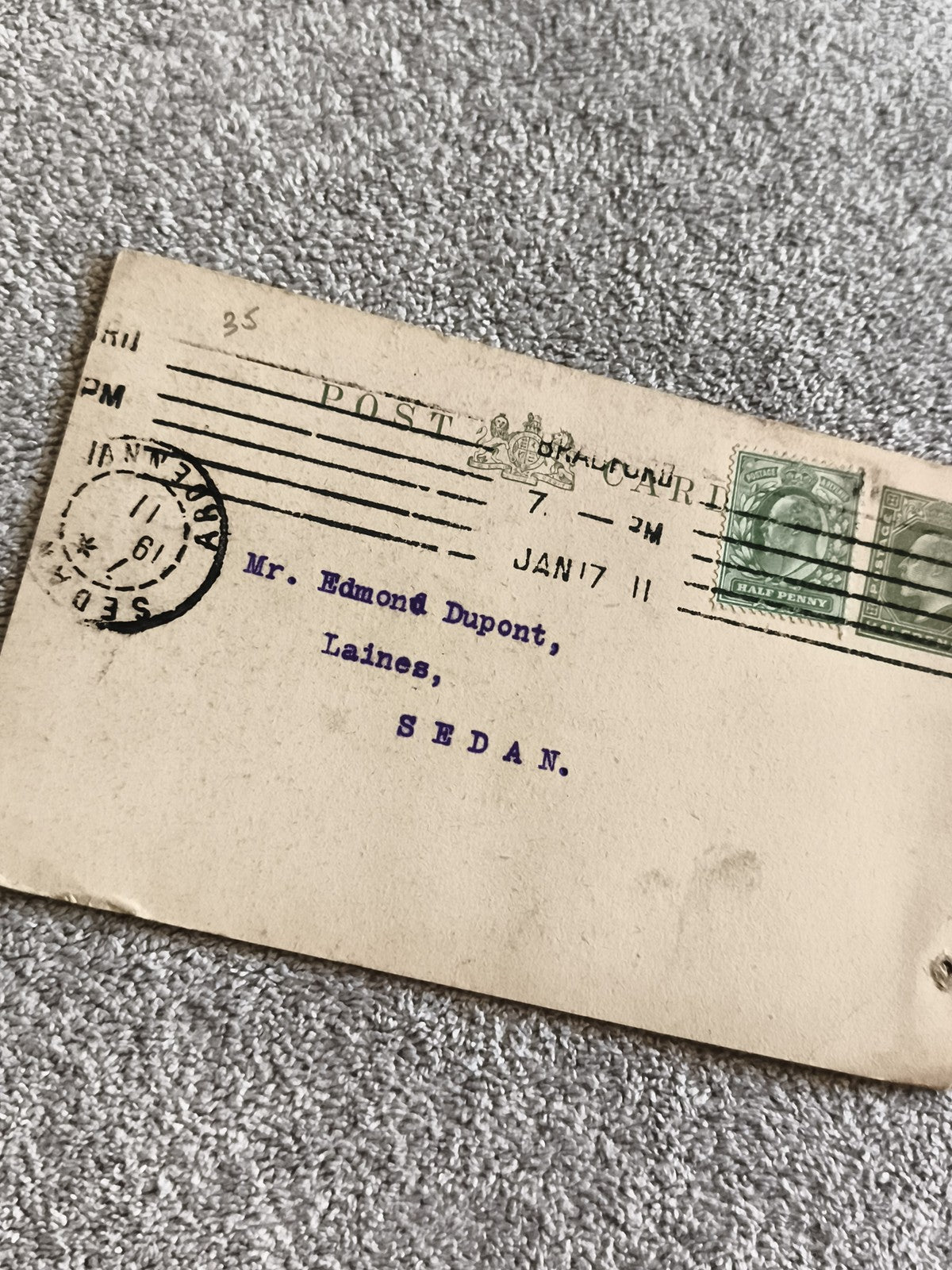 Carte postale ancienne Royaume-Uni timbre Half Penny oblitérée Sedan philatélie