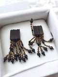 Paire boucles d’oreilles vintage perles noires dorées rétro ancien bijou fantais