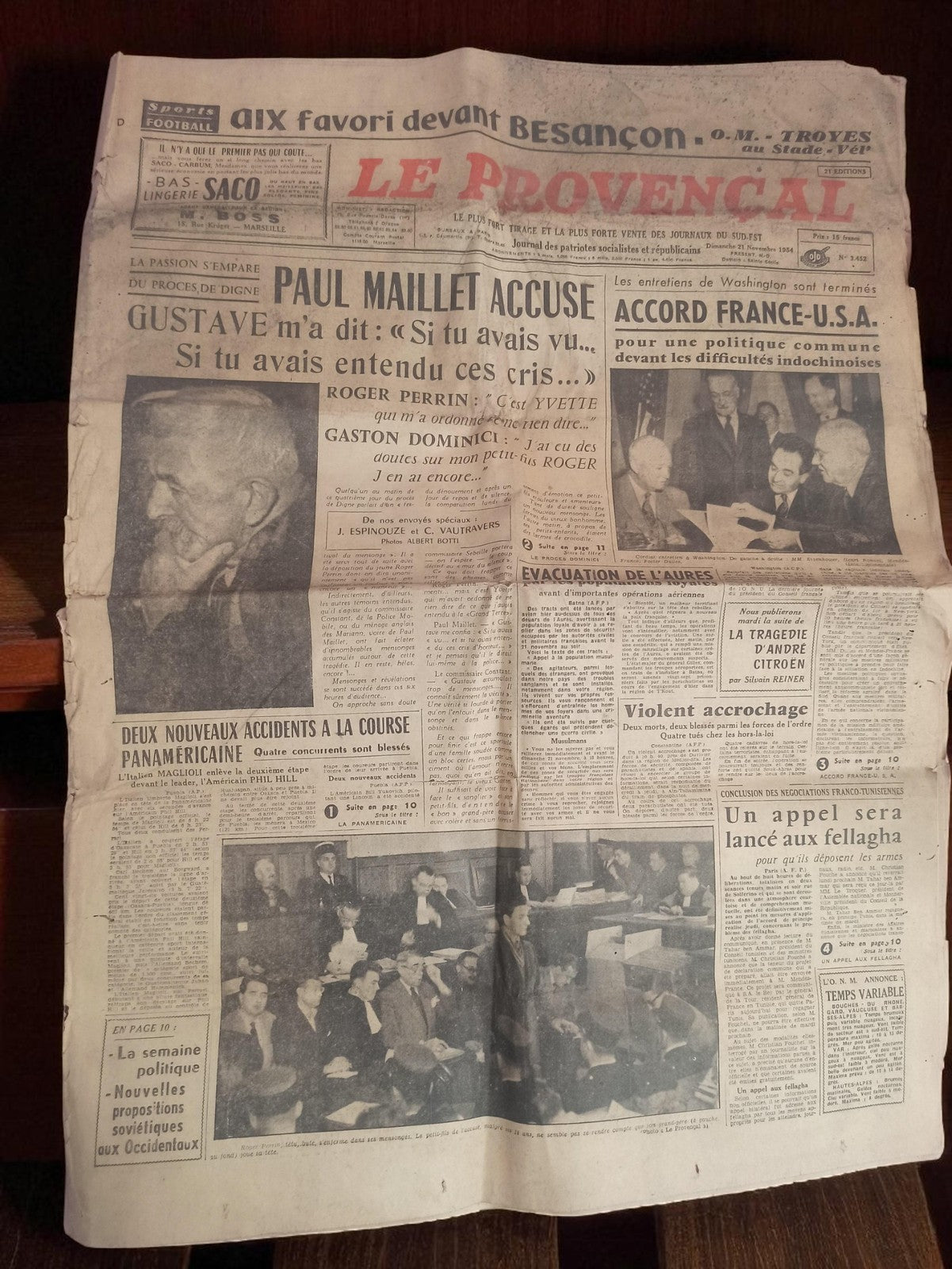 Journal ancien Le Provençal 1954 vintage presse rétro France historique