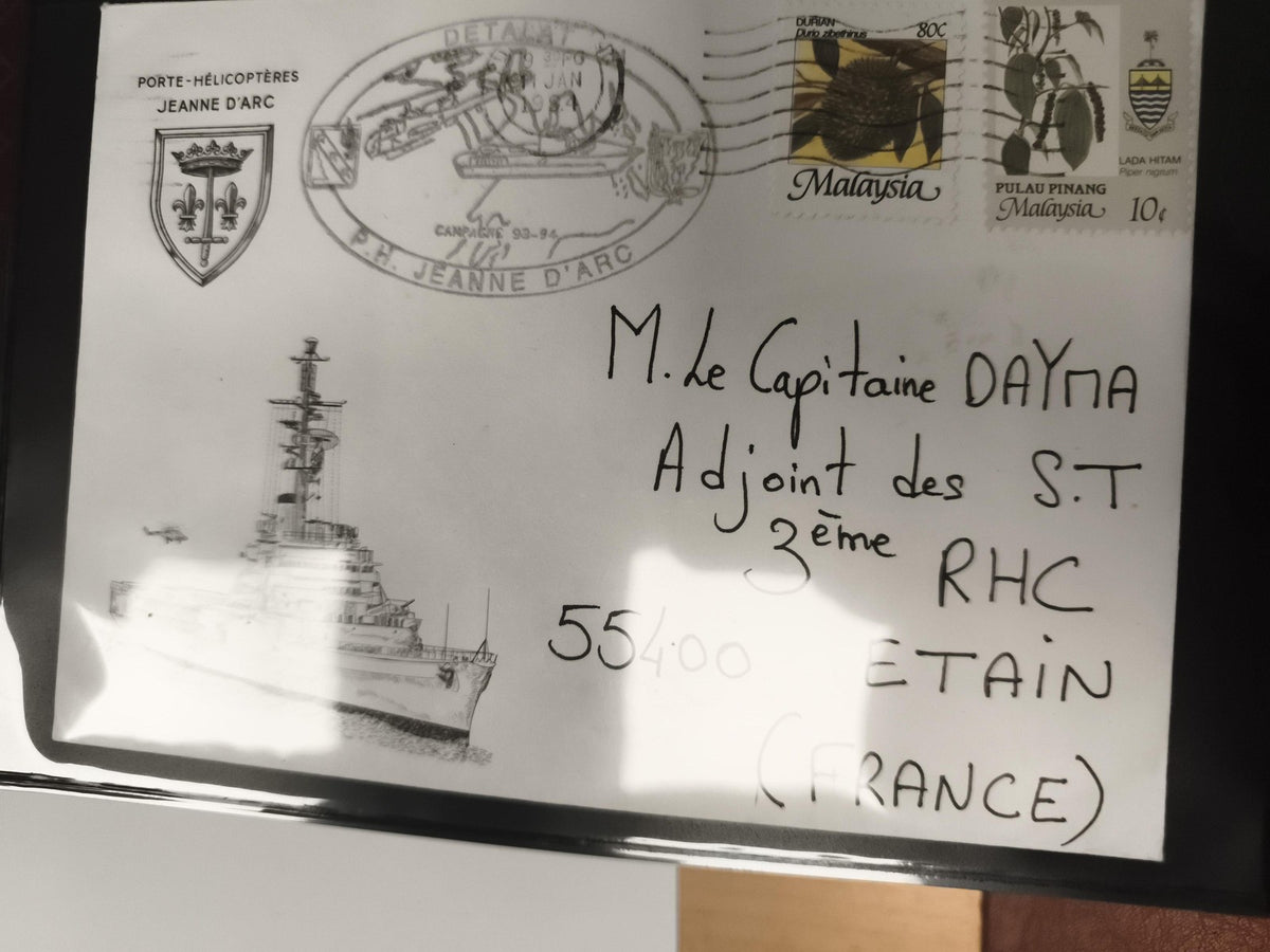 Lettre oblitérée Porte-Hélicoptères Jeanne d’Arc cachet 1994 timbres Malaisie