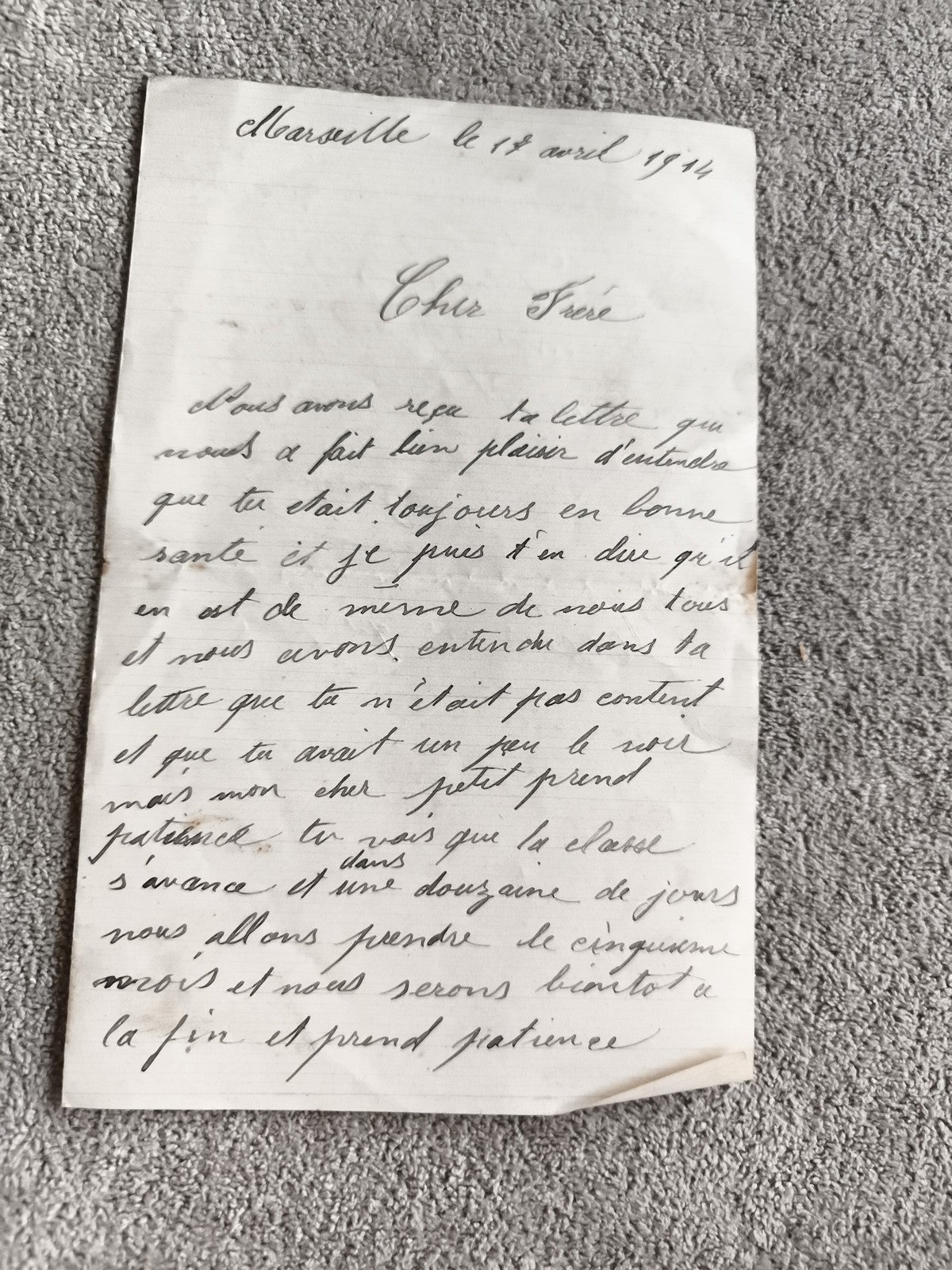Lettre manuscrite ancienne 1914 Marseille WW1 Première Guerre Guerre 14-18