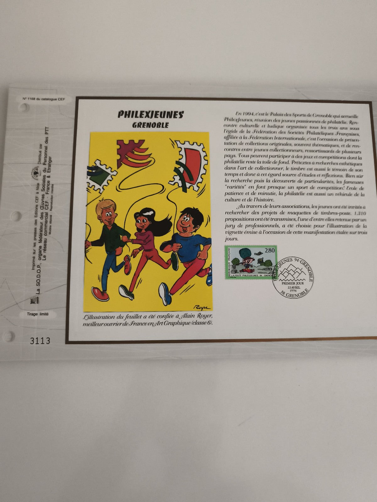 Feuillet philatélique CEF Philexjeunes Grenoble 1994 timbre oblitéré