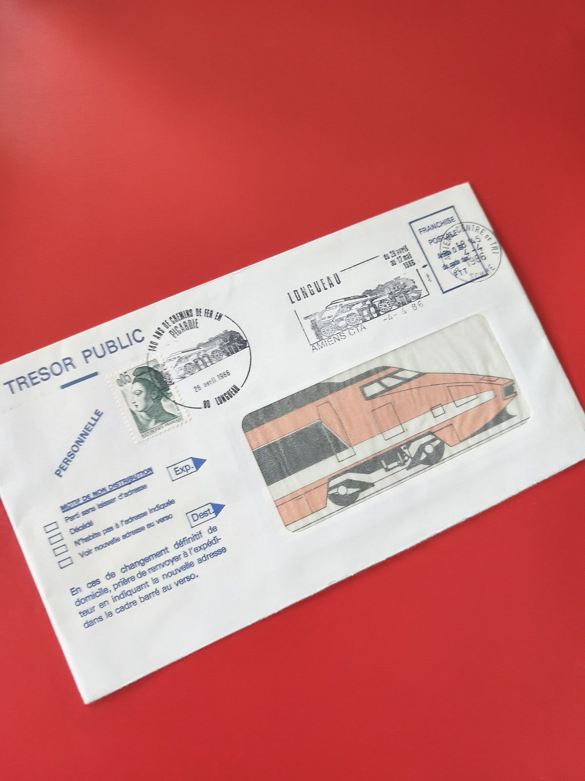 Enveloppe philatélie Trésor Public TGV illustration train oblitérée France
