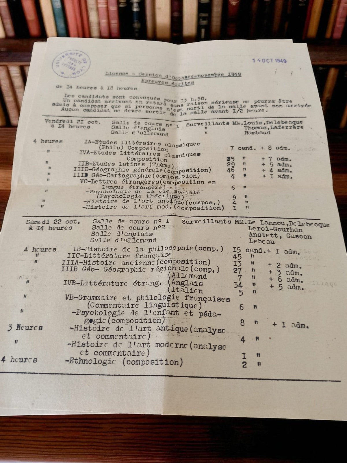 Document ancien licence universitaire 1949 épreuves écrites papier vintage rétro
