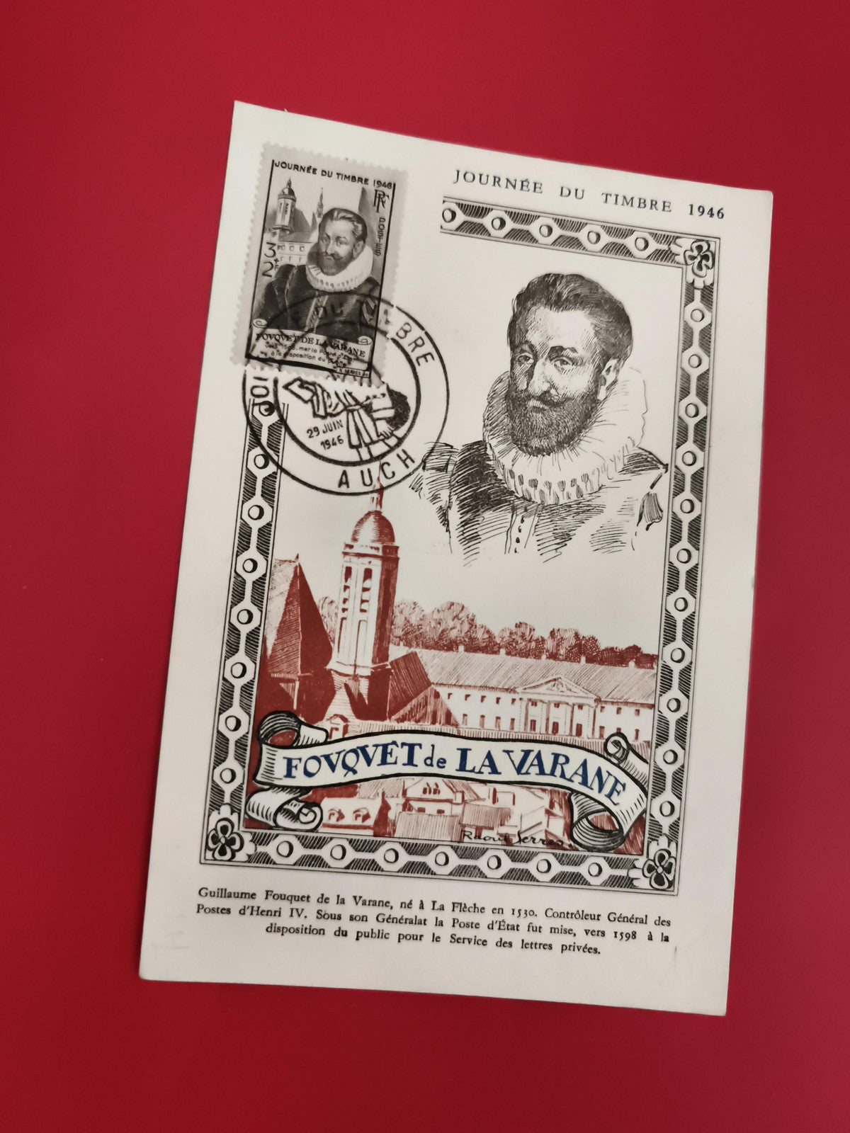 Carte postale philatélique Journée du Timbre 1946 FOUQUET DE LA VARANE oblitérée