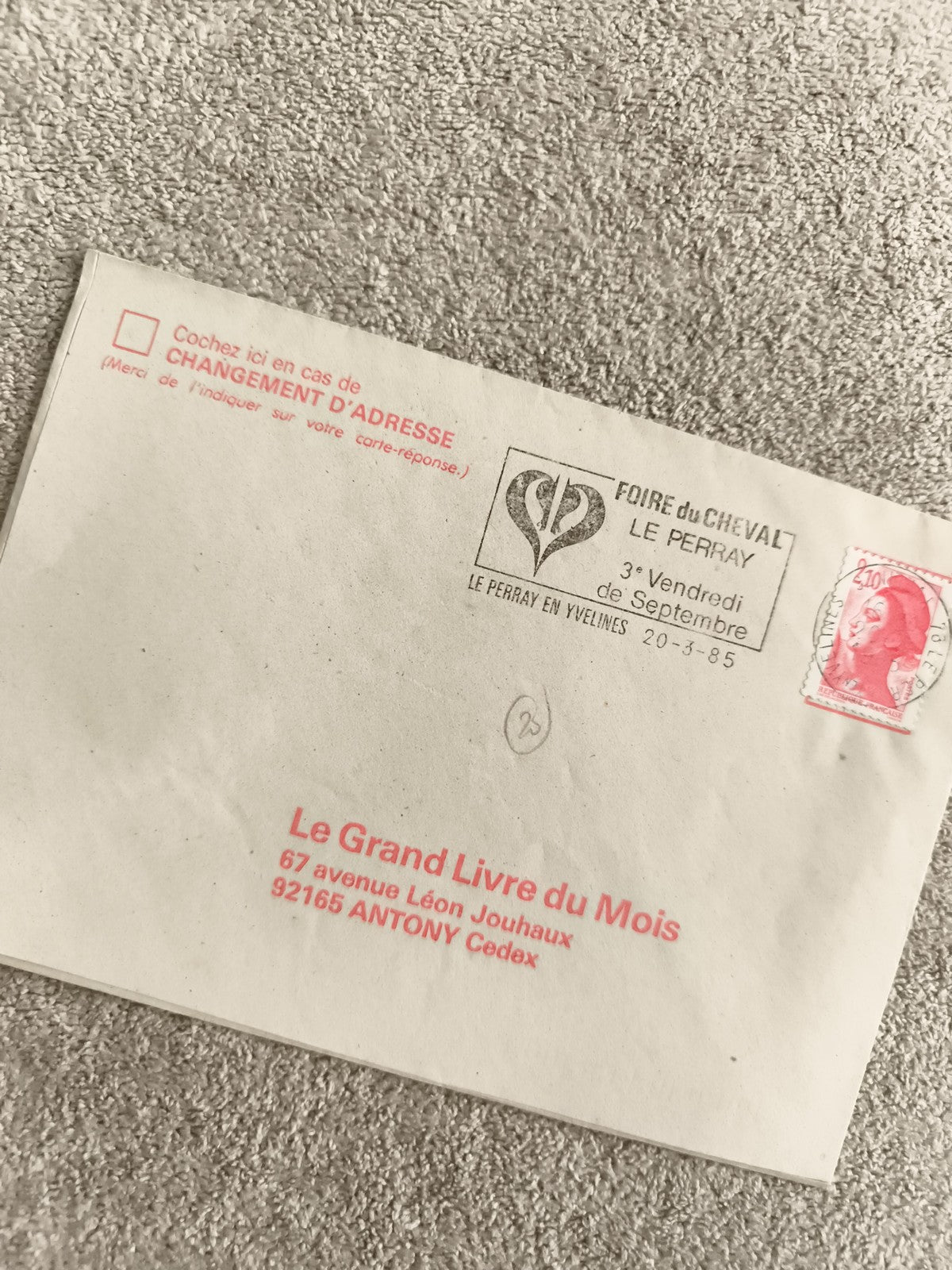 Lettre oblitérée Foire du Cheval 1985 Le Perray, enveloppe philatélie, Marianne