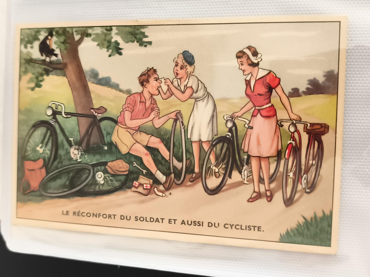 Carte postale ancienne illustrée vélo, humour militaire, années 40, CPA cycliste
