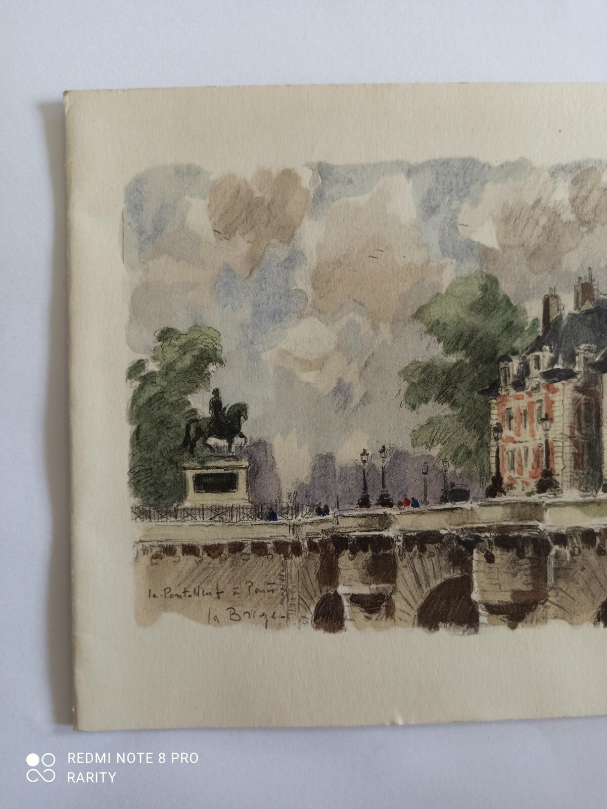Dessin ancien Pont Neuf Paris aquarelle, vue monument, signé La Baïque vintage