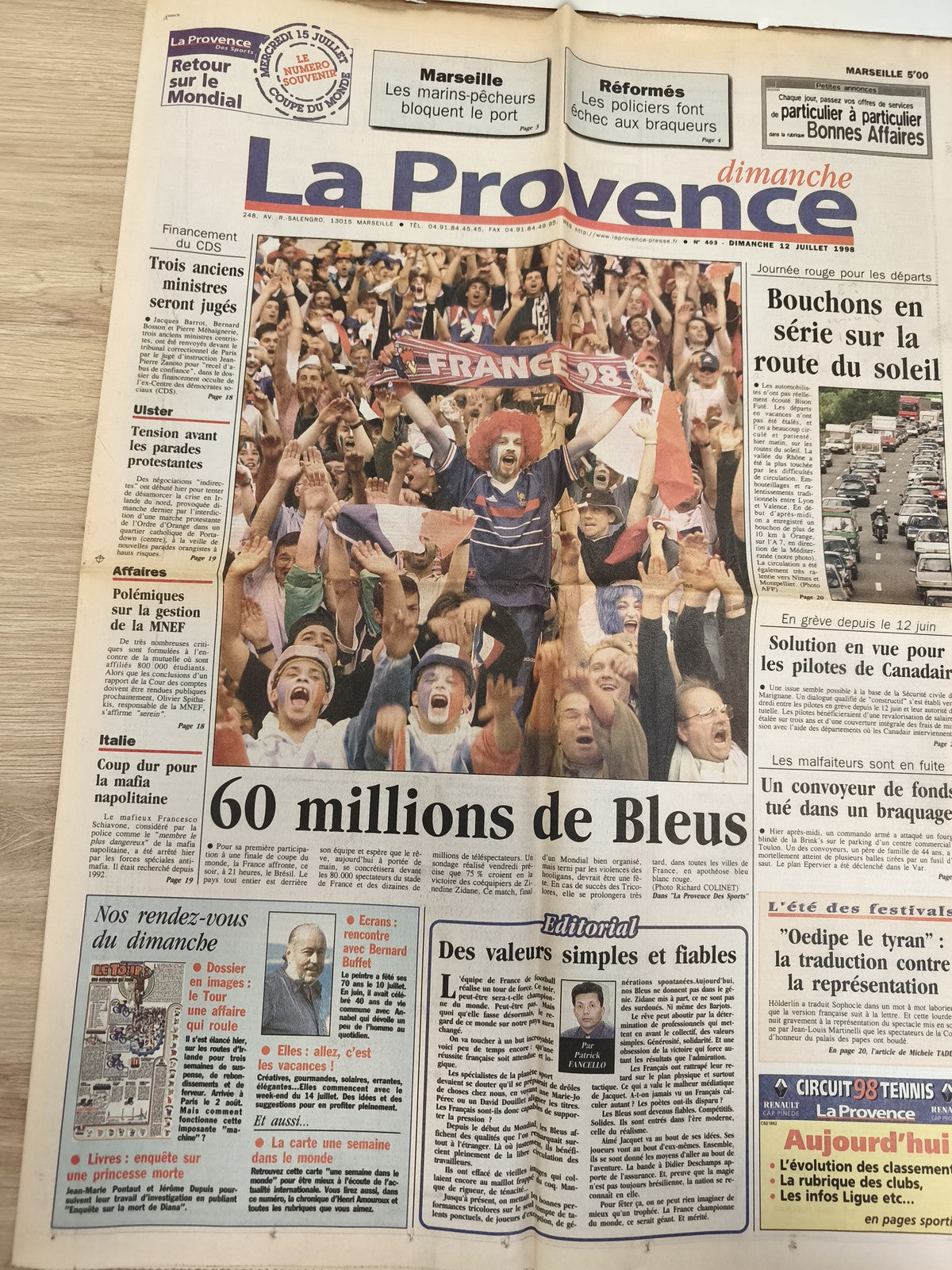 Ancien journal La Provence OM France 98, souvenir Coupe du Monde Marseille