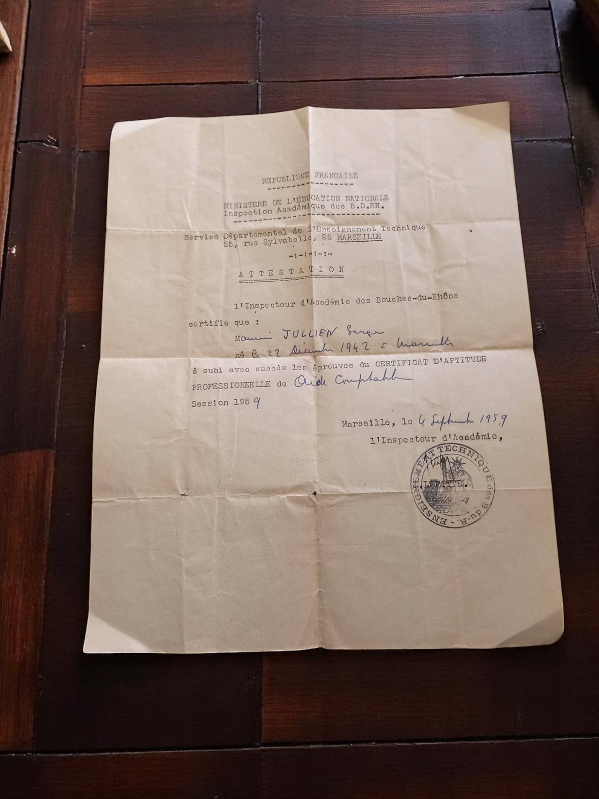Attestation manuscrite Education Nationale Bouches-du-Rhône 1959 ancien document