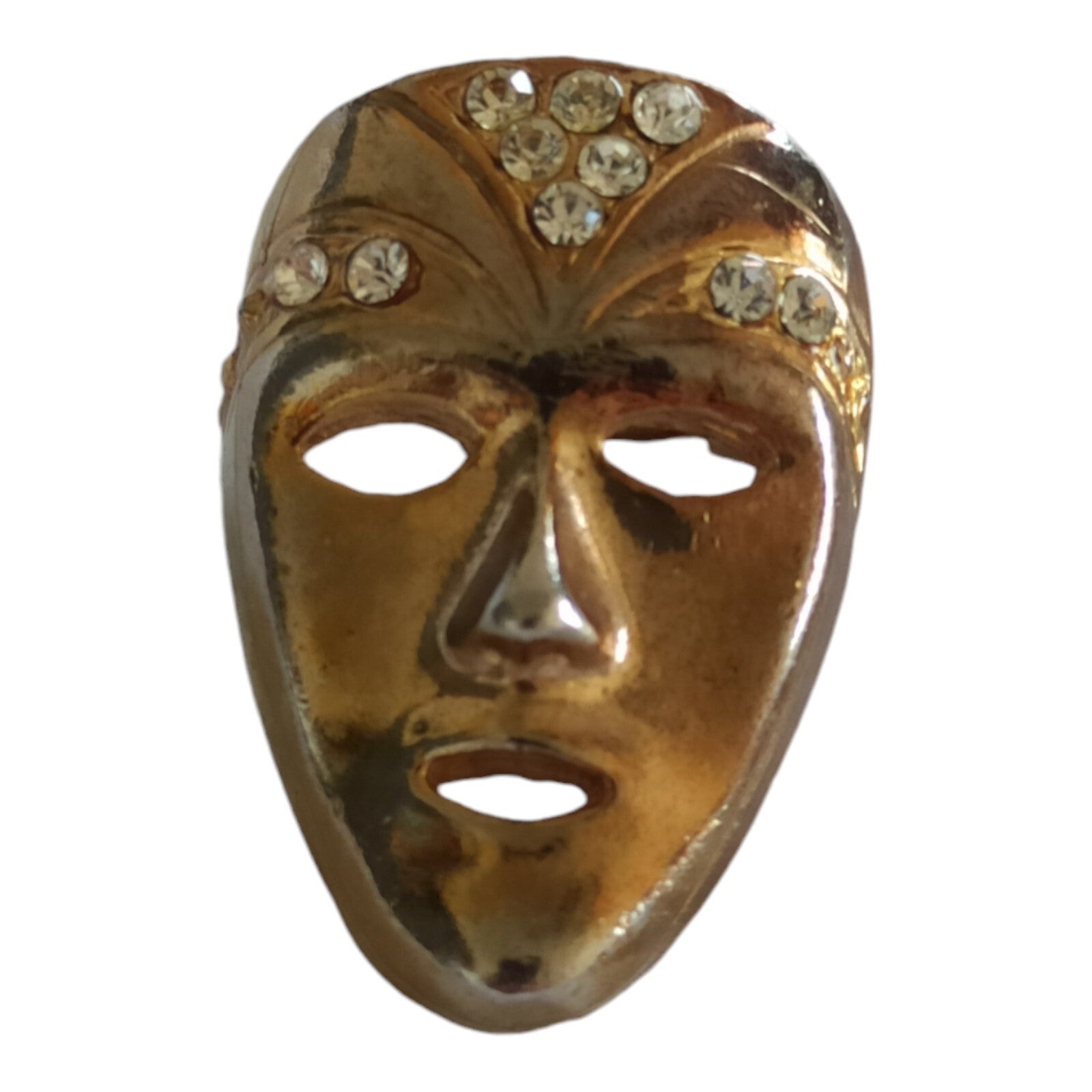 Broche masque vintage dorée avec strass, bijou ancien costume bal