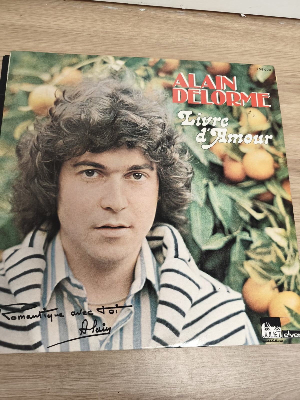 Vinyle 33T Alain Delorme Livre d'Amour pochette dédicacée oranges