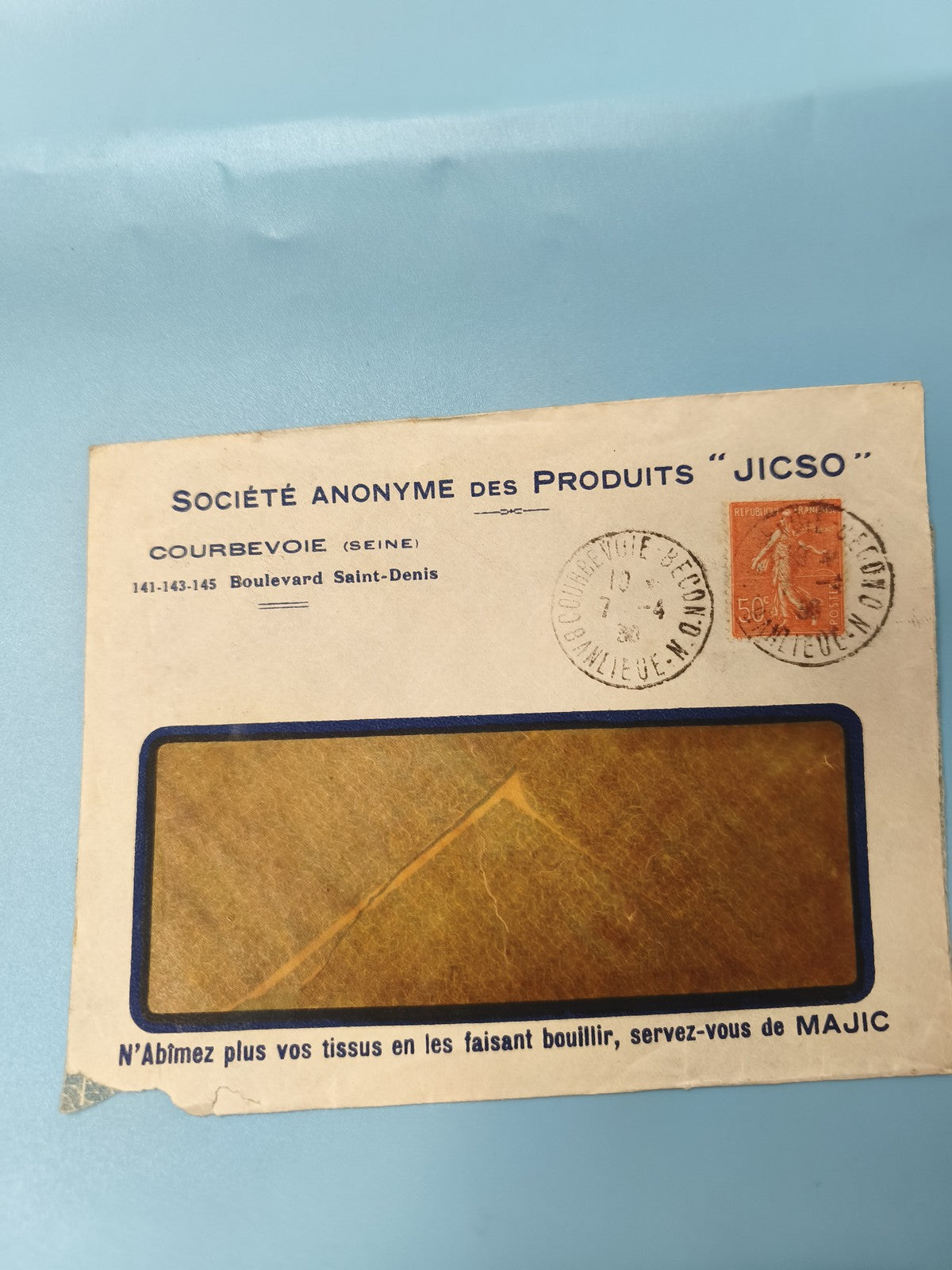 Ancienne enveloppe oblitérée début XXe, publicité JICSO, timbre 5c, philatélie