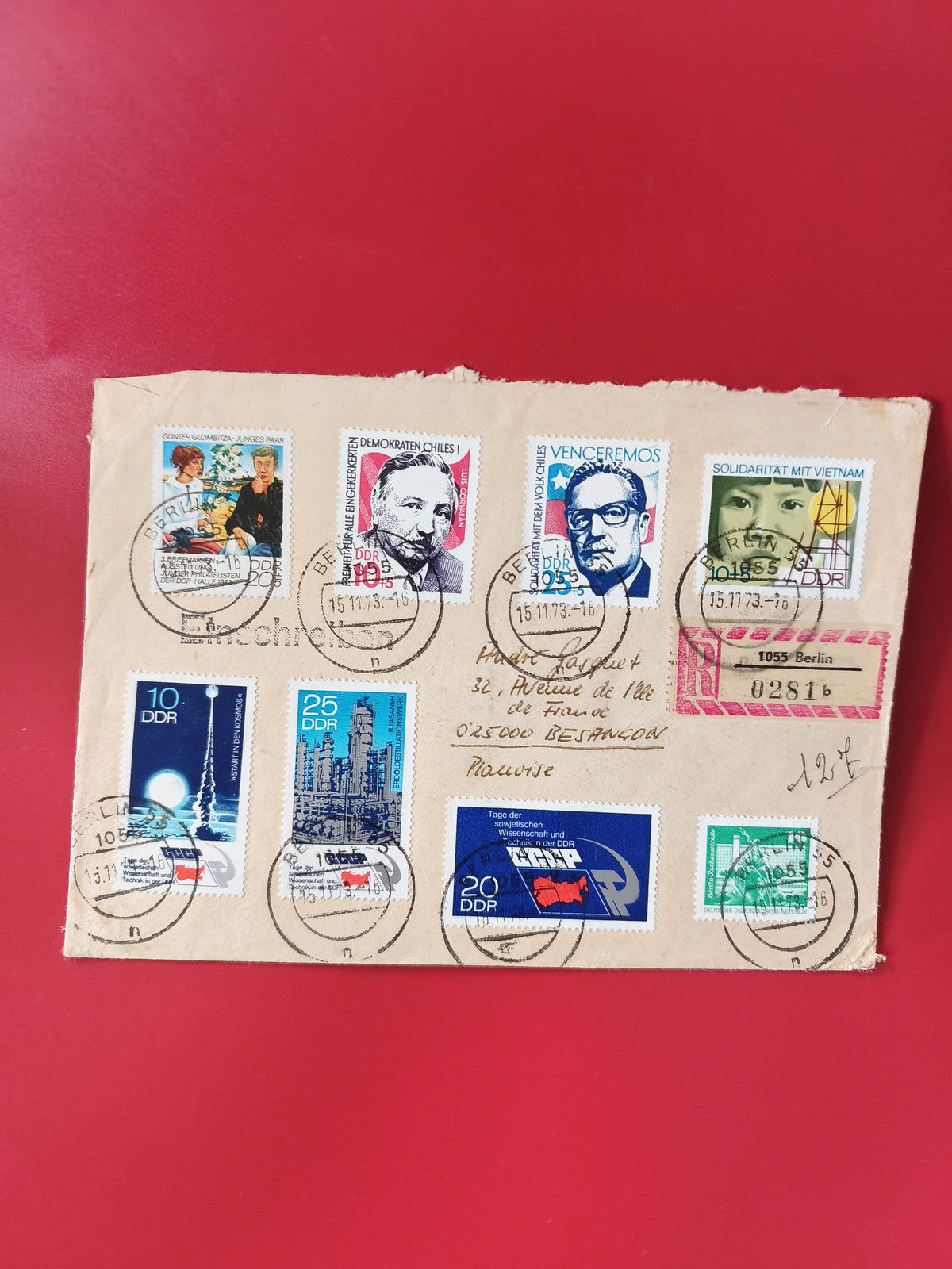 Enveloppe philatélie oblitérée DDR timbres multicolores thématiques Berlin