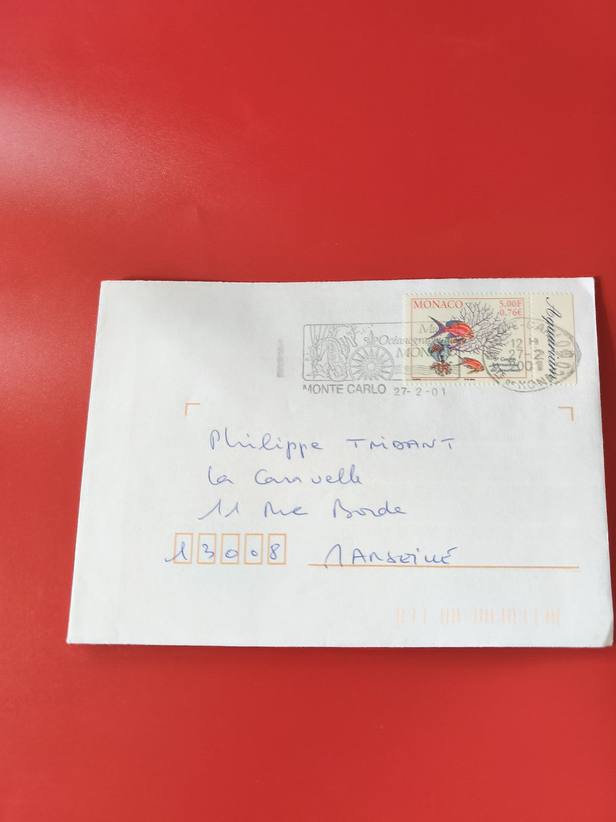 Enveloppe philatélie affranchie Monaco avec timbre illustré et cachet visible