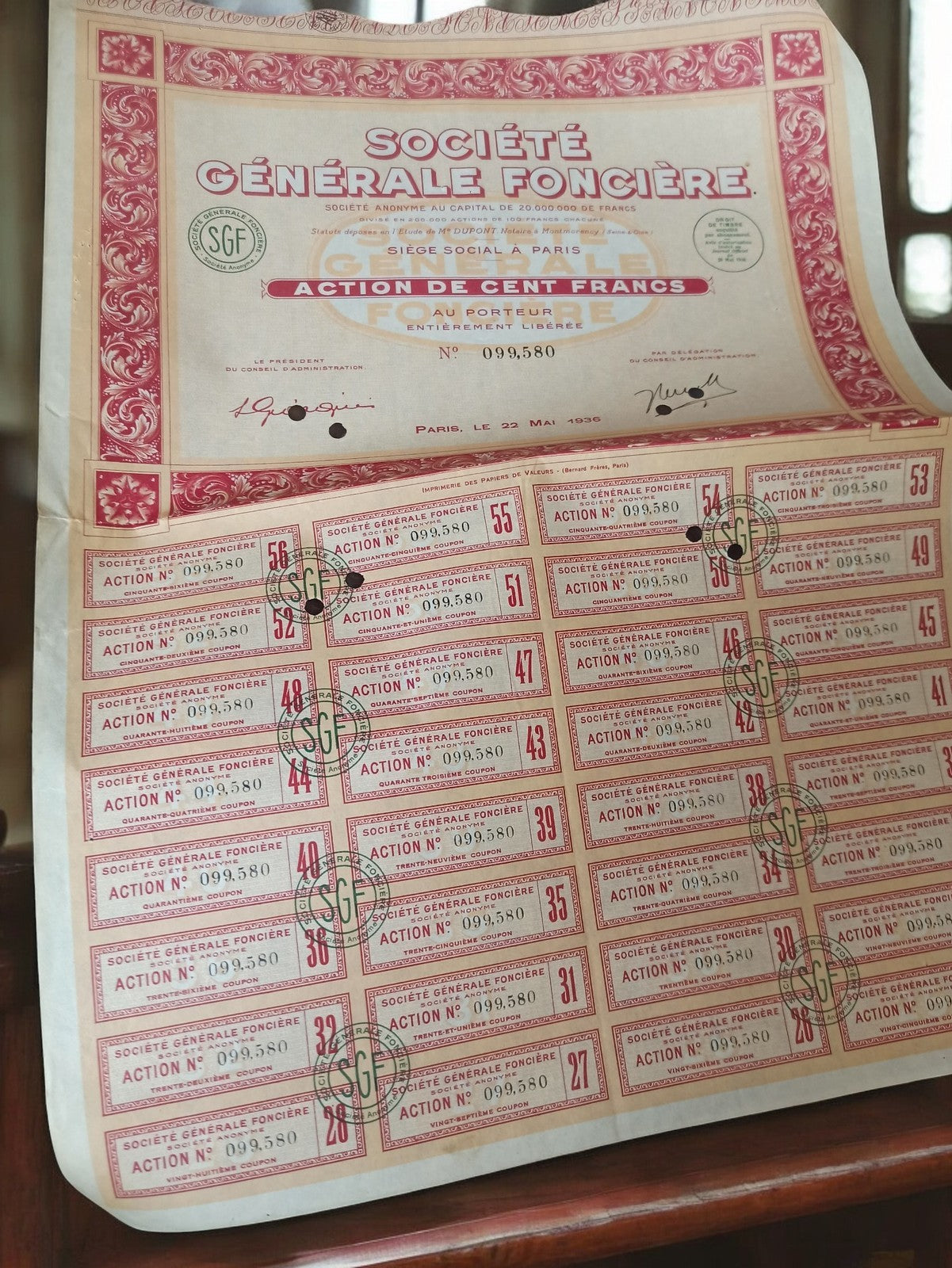 Action Société Générale Foncière 1936 vintage document financier rétro