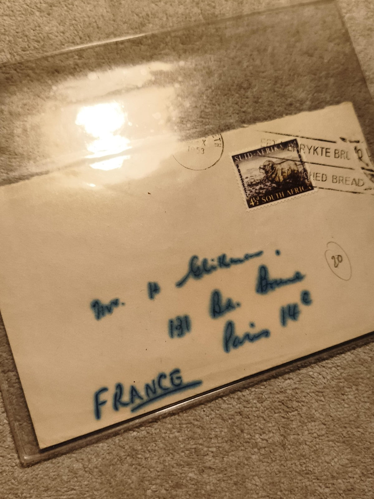 Lettre affranchie Afrique du Sud 1953, timbre 4½d, cachet postal, France (Ref 8)