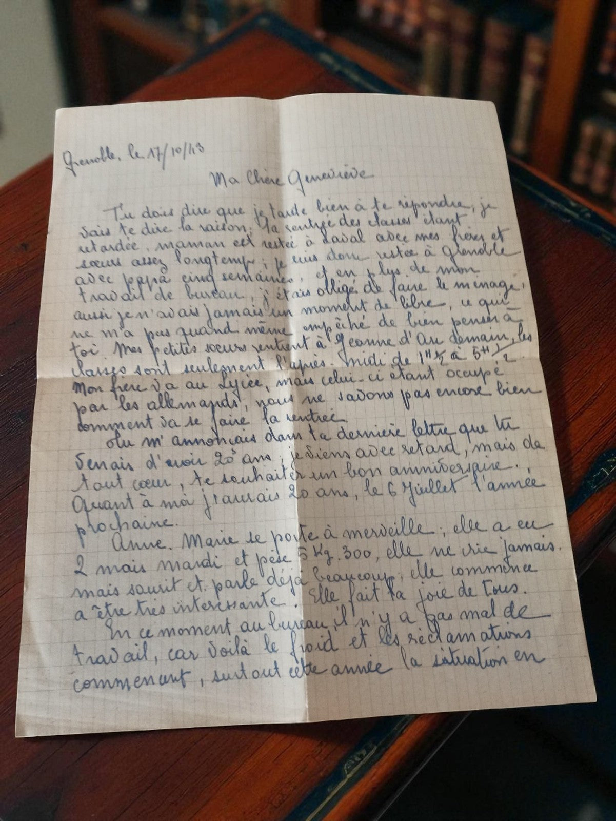 Lettre manuscrite ancienne datée 1943 Grenoble WW2 vintage, écriture bleue