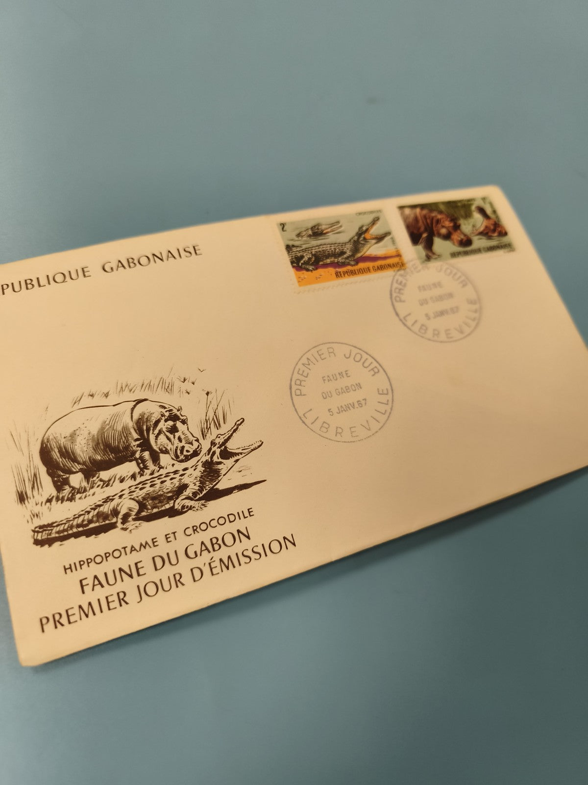 Enveloppe FDC Gabon Faune Hippopotame Crocodile Timbres Premier Jour Libreville