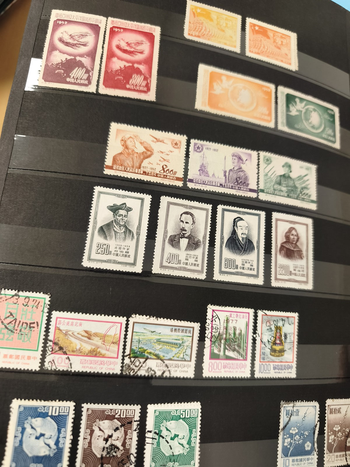 Lot anciens timbres oblitérés Chine, thématiques variées, philatélie vintage