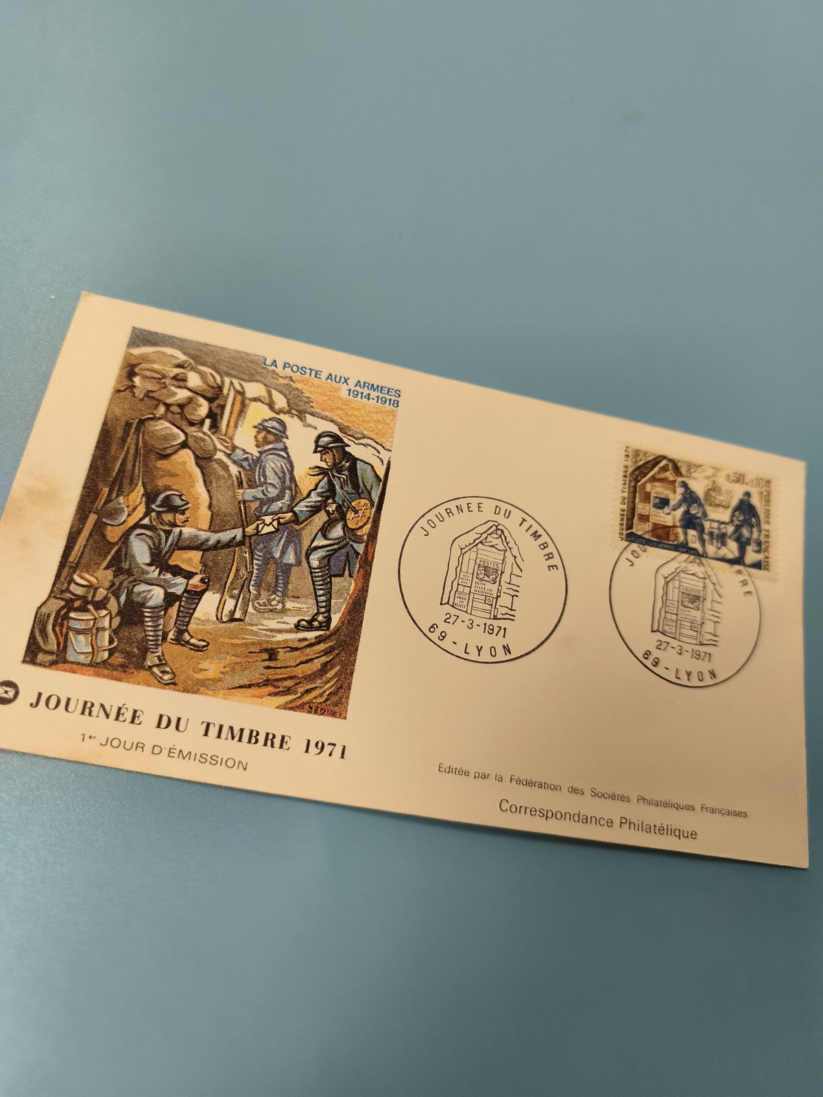Enveloppe premier jour émission FDC Journée du Timbre 1971 Lyon timbre armée