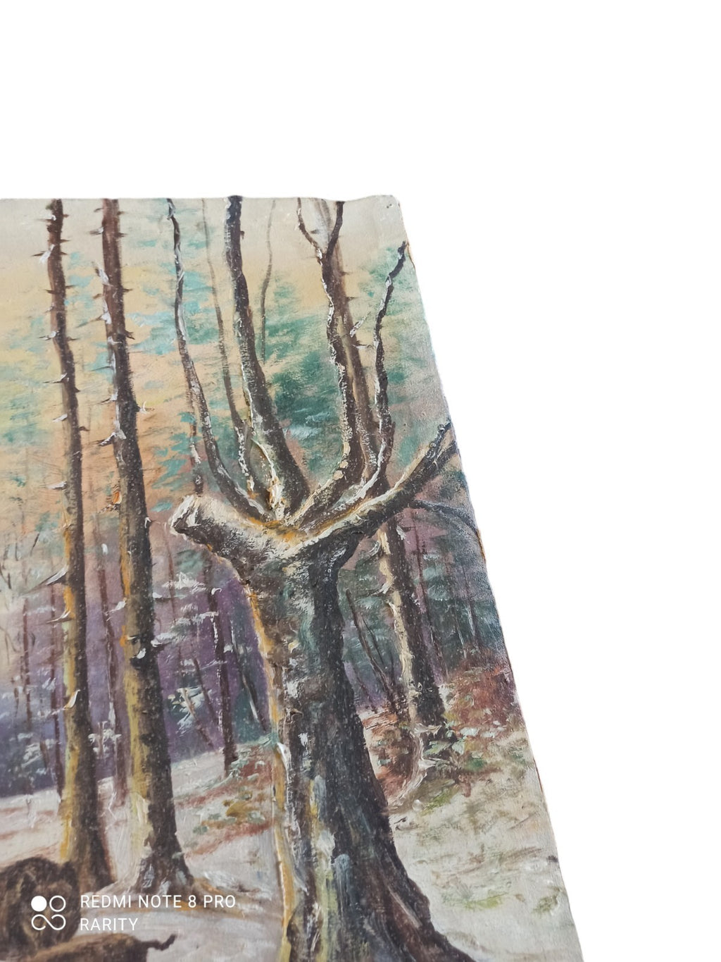 Tableau original signé A. Mottie sangliers forêt neige, peinture scène hivernale