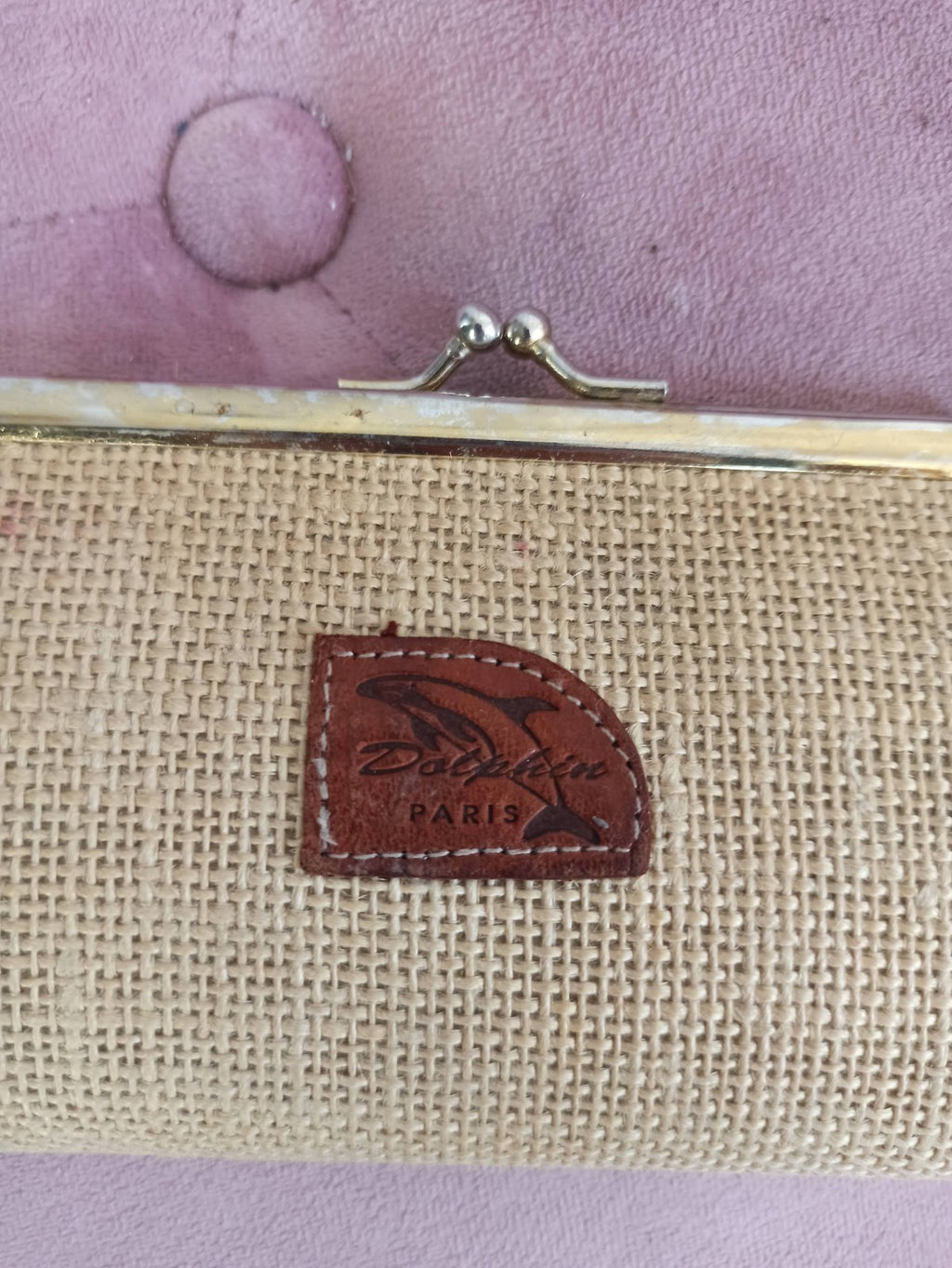 Porte-monnaie vintage Dolphin Paris toile tressée et cuir, fermoir métal rétro