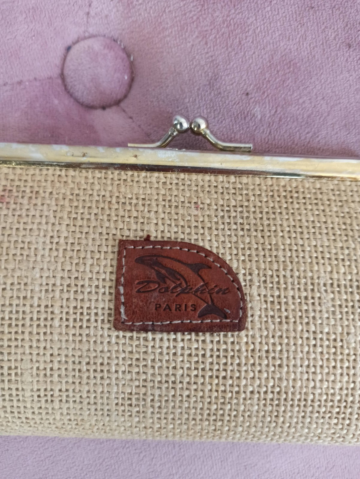 Porte-monnaie vintage Dolphin Paris toile tressée et cuir, fermoir métal rétro