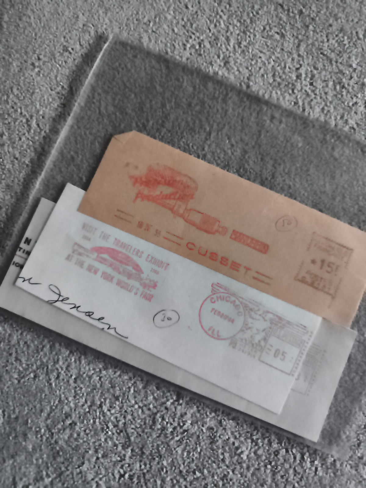 Lettre oblitérée CUSSET cachet publicitaire rouge + enveloppe Chicago philatélie