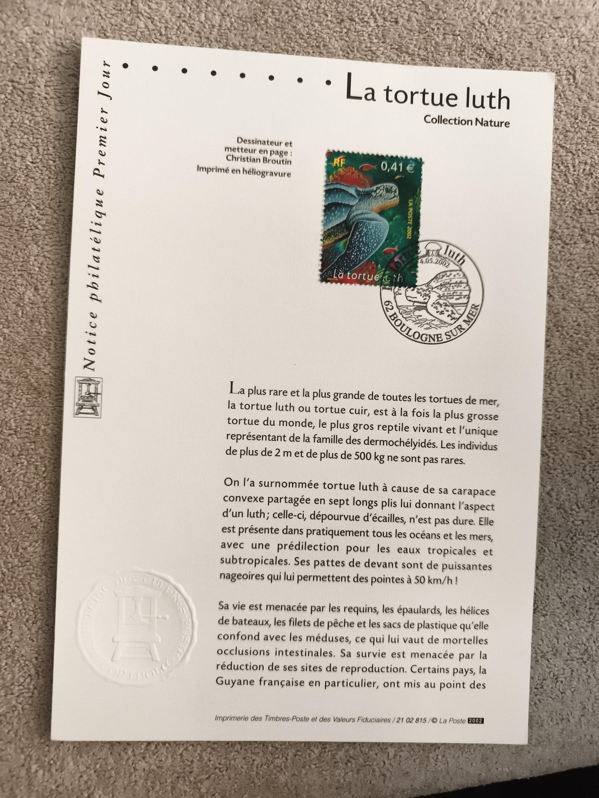 Notice philatélique Premier Jour tortue luth Nature 2002 France timbre 0,41€ Bou