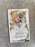 Carte postale Heureux Anniversaire fleurs roses jaunes dorures style Belle Époqu