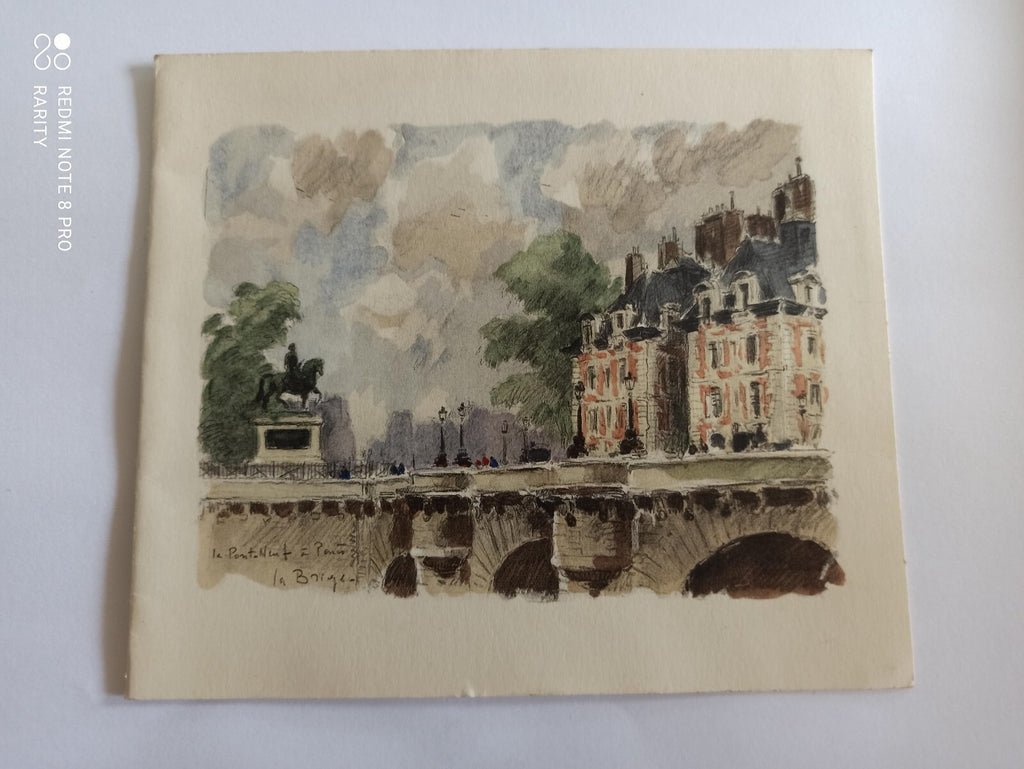 Dessin ancien Pont Neuf Paris aquarelle, vue monument, signé La Baïque vintage