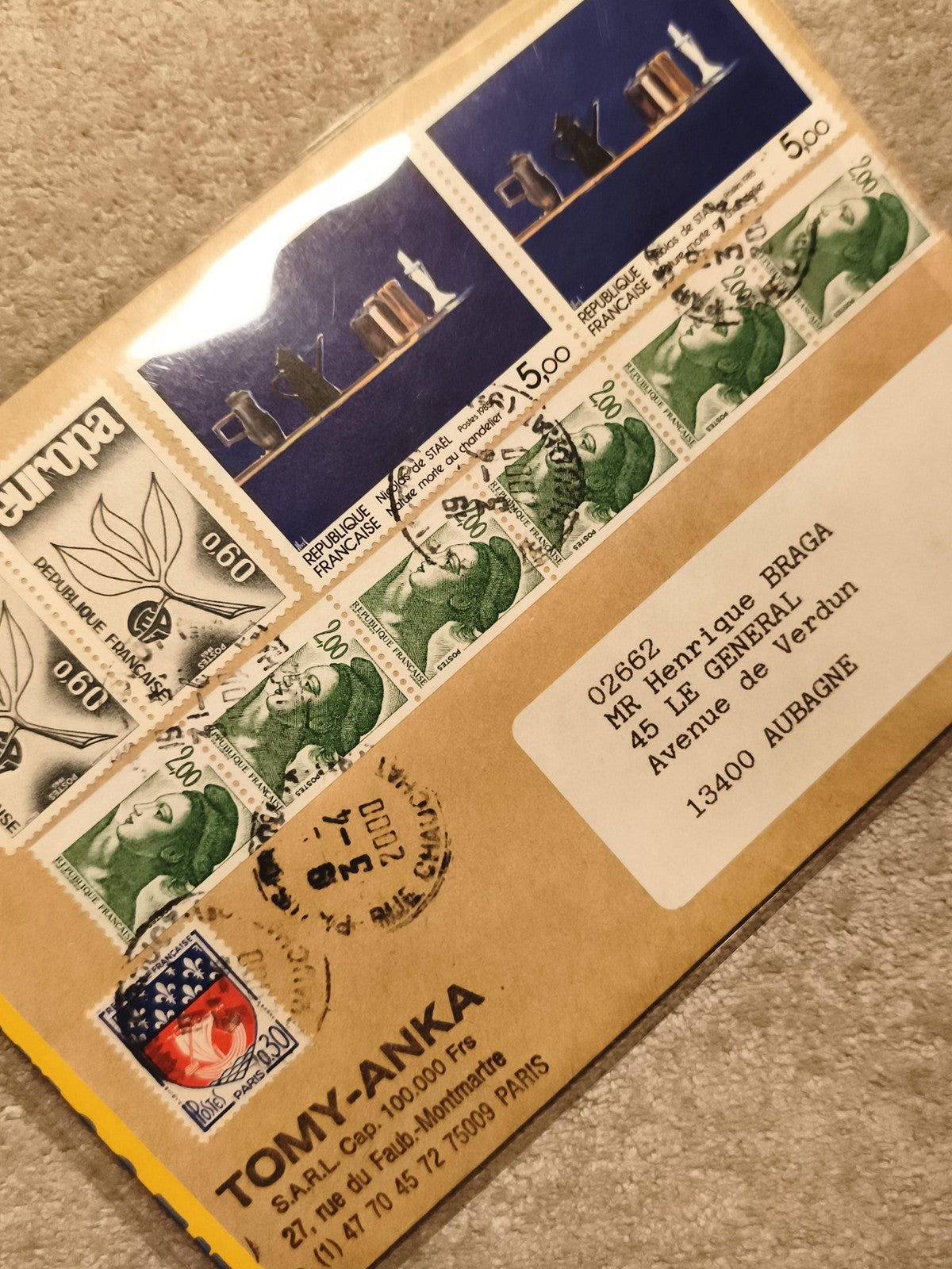 Lettre affranchie France 1980s timbres Marianne Europa objets TOMY-ANKA philatél