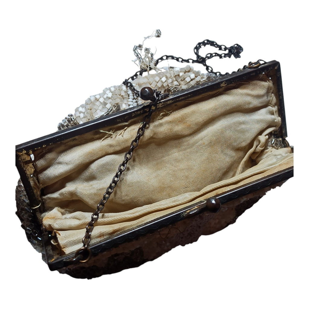 Sac à main ancien brodé perles sequins Art Déco vintage, motif géométrique rare