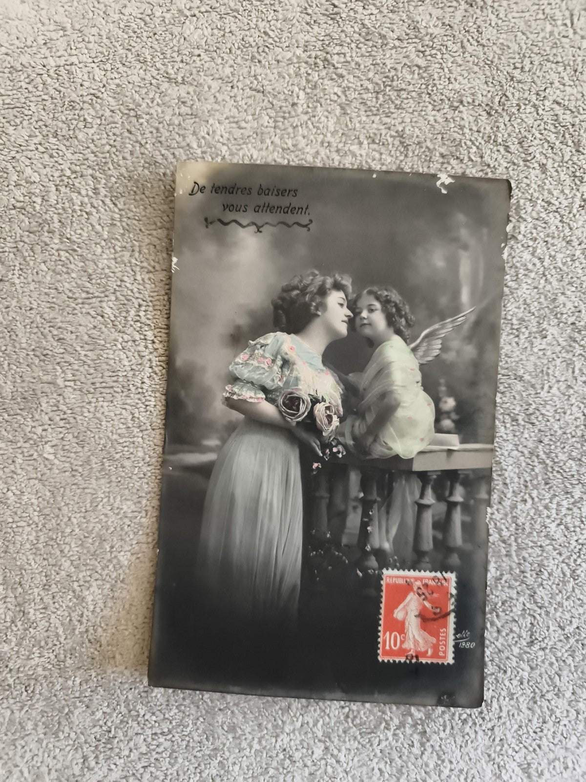 CPA sentimentale début 1900 femme ange timbre Semeuse 10c France