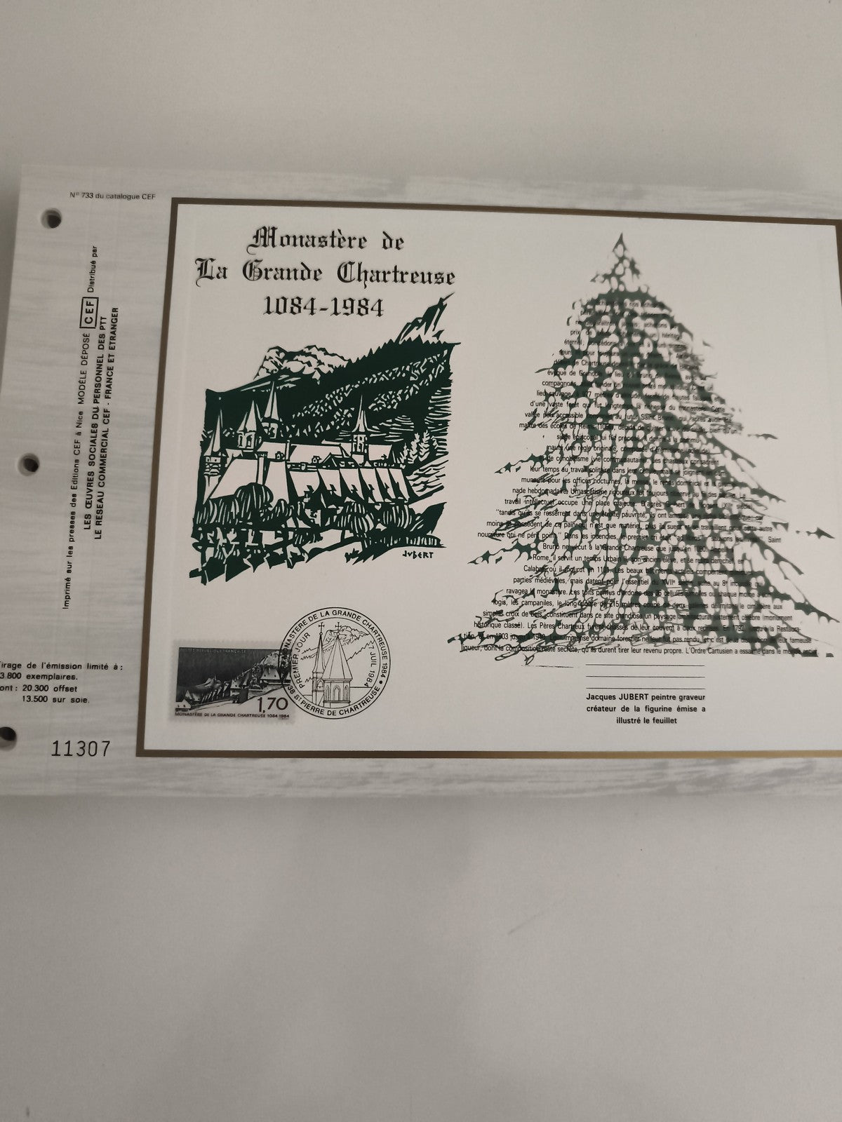Feuillet philatélique CEF Monastère Grande Chartreuse 1984, timbre 1.70 F, illus